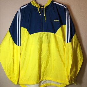 Vintage Adidas Yellow and Blue Windbreaker, Large, hooded, pullover, pre-owned,